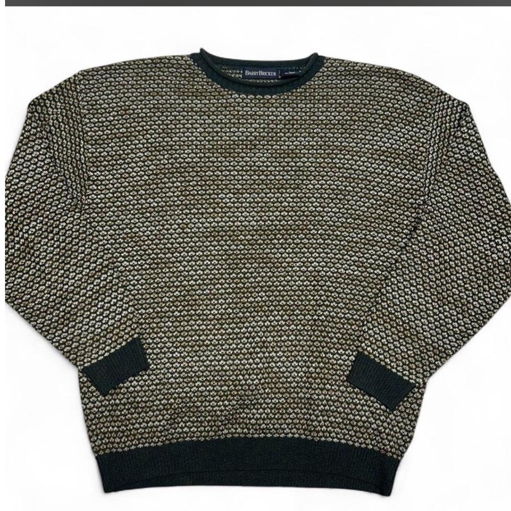 Barry Bricken Mens Crewneck Sweater Large Forest Green Gold Textured Knit 80s